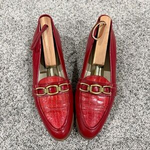 Vtg Bally Red Patent Leather Croc Emboss PointedToe Loafers Italy Women’s US 7.5